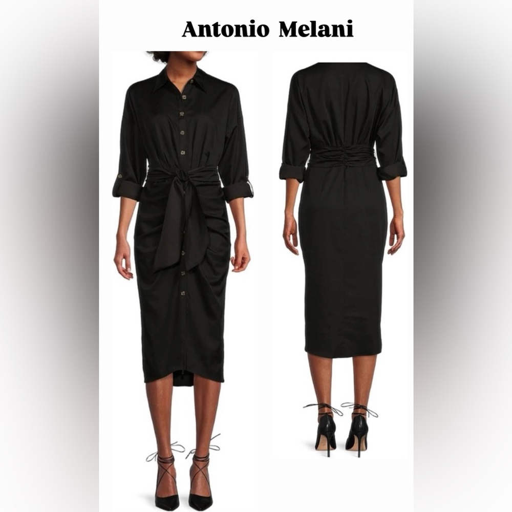 NWT Antonio Melani Roxanne Point Collar
Ruched Tie Waist Button Front Dress Sz 0